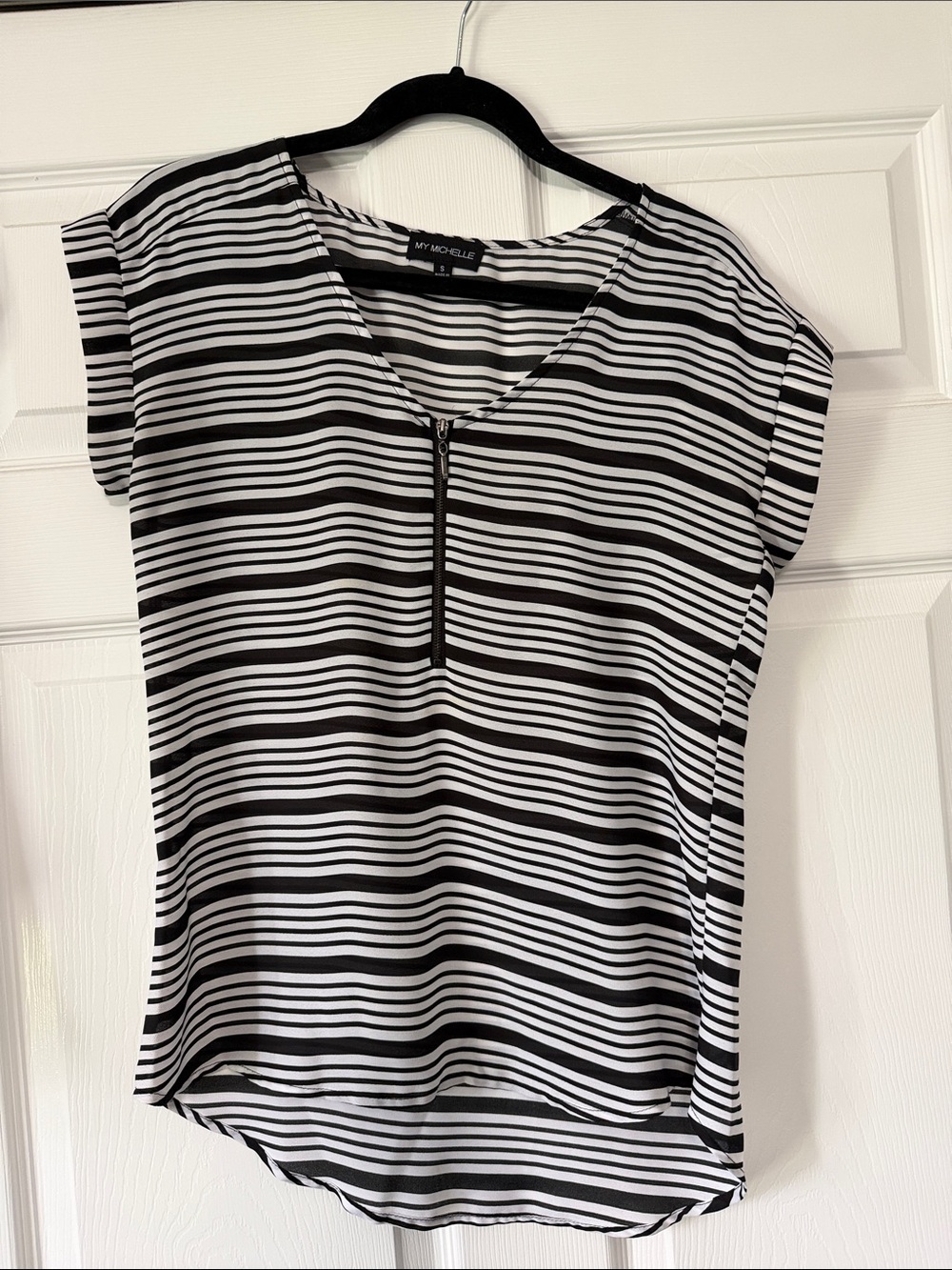 My Michelle Black & White Striped Zip-Front Blouse